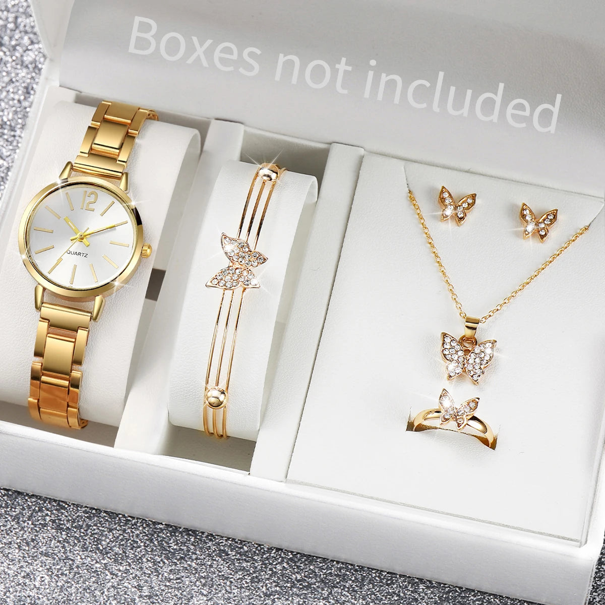 Women's 6pcs Quartz Watch & Butterfly Jewelry Set - Alloy Band, 29mm, Arabic Numeral, No Box