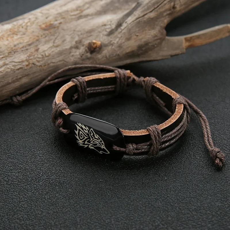 Wolf Pendant Leather Bracelet - Adjustable Tribal Wristband for Men