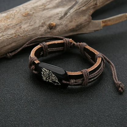 Wolf Pendant Leather Bracelet - Adjustable Tribal Wristband for Men
