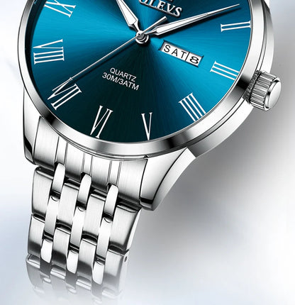 OLEVS 3633 Men's Watch - Business Simple, Waterproof, Luminous, Stainless Steel, Dual Calendar