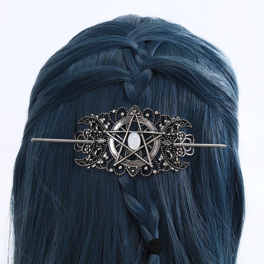 Star & Heart Gemstone Hairpin – Viking Style, Metal Alloy, Blue/Pink/White