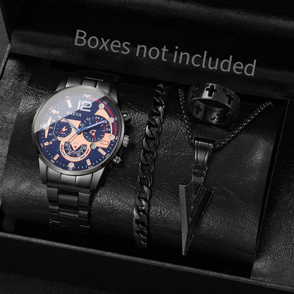 yolako 4pcs Men's Quartz Watch, Bracelet, Necklace & Ring Set - Alloy, Arabic Numeral, 40mm