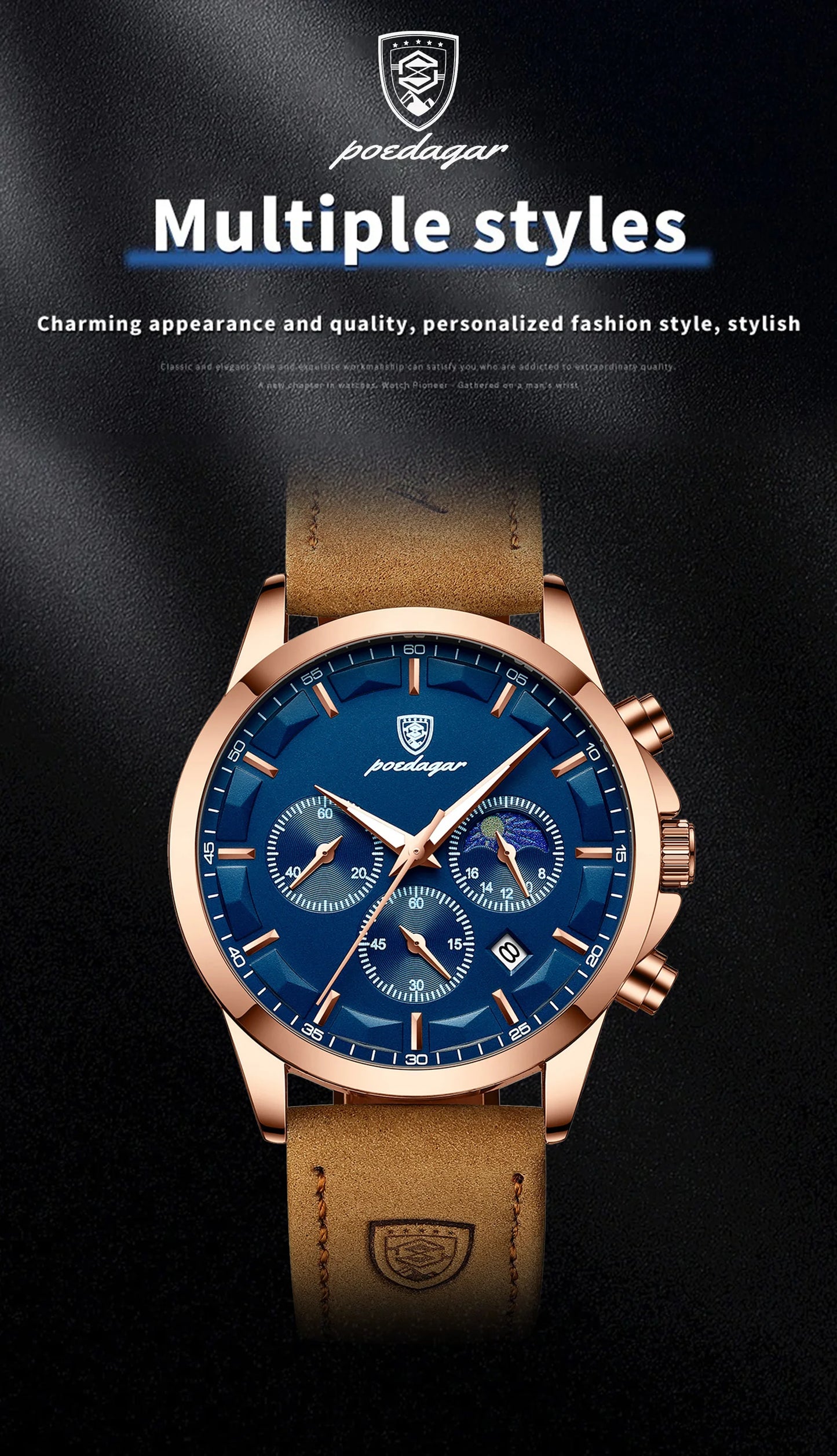 POEDAGAR 928 Men's Luxury Sport Watch - Leather Band, Luminous, Diver, 3ATM, Auto Date