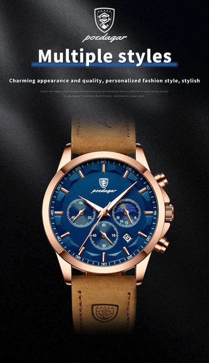 POEDAGAR 928 Men's Luxury Sport Watch - Leather Band, Luminous, Diver, 3ATM, Auto Date