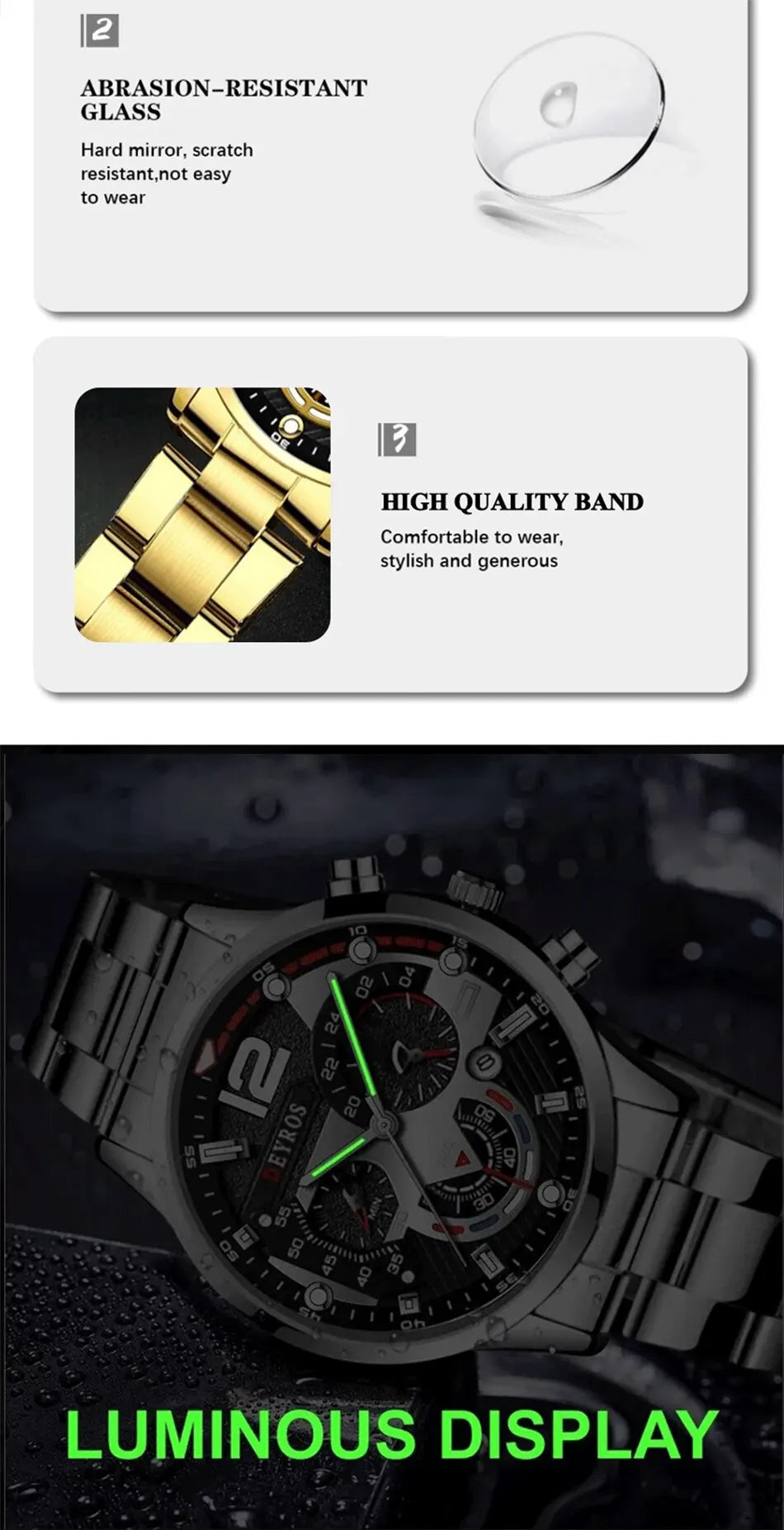 DEYROS 3pcs Men's Quartz Watch, Necklace & Bracelet Set - Stainless Steel, Hardlex, Auto Date