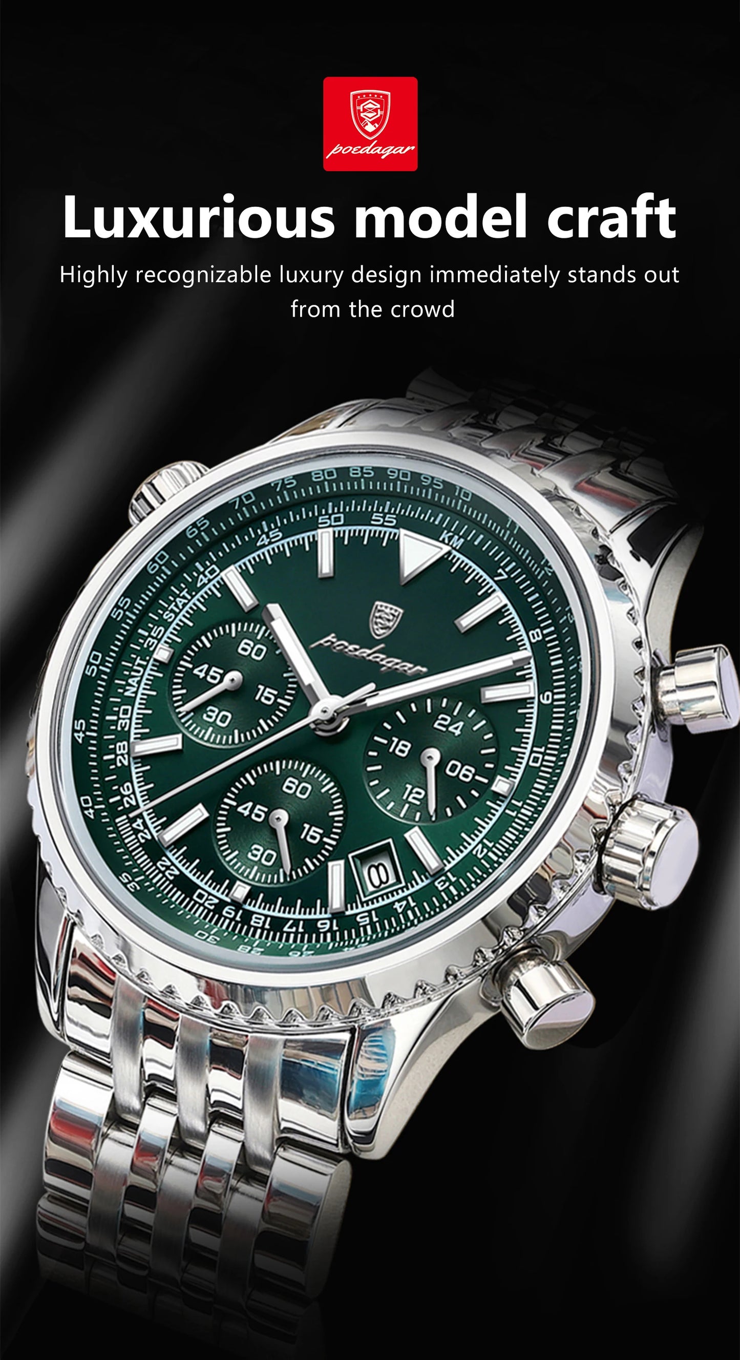 POEDAGAR 960 Men's Luxury Chronograph Watch - Stainless Steel, Luminous, 3ATM, Auto Date