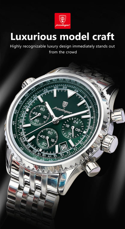 POEDAGAR 960 Men's Luxury Chronograph Watch - Stainless Steel, Luminous, 3ATM, Auto Date
