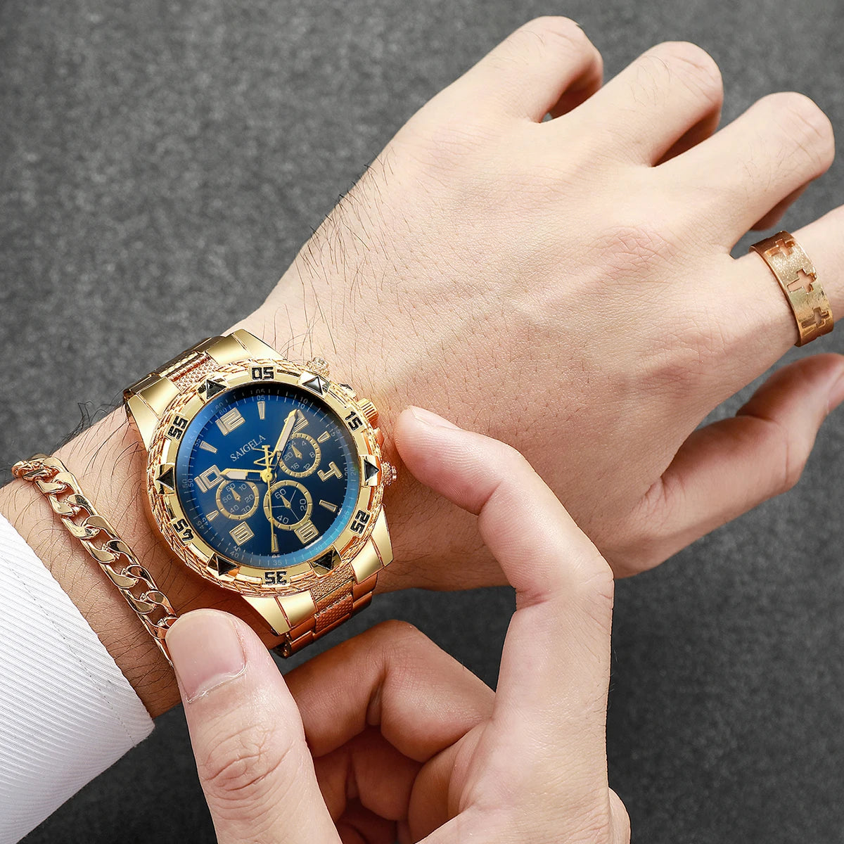 yolako 4pcs Men's Quartz Watch Jewelry Set - Watch, Bracelet, Necklace & Ring, 45mm, No Box