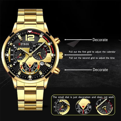 DEYROS 3pcs Men's Quartz Watch, Necklace & Bracelet Set - Stainless Steel, Hardlex, Auto Date