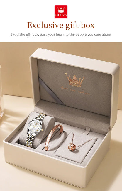 OLEVS 9931 Women's Watch - Stainless Steel, Dual Calendar, Luxury, Waterproof, Jewelry Set