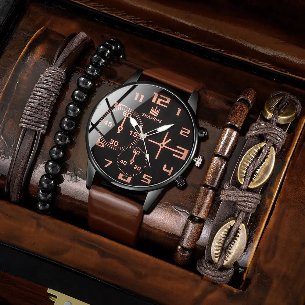 Men's 5pcs Retro Big Dial Quartz Watch & Bracelet Set - Leather Band, Arabic Numeral, 41mm
