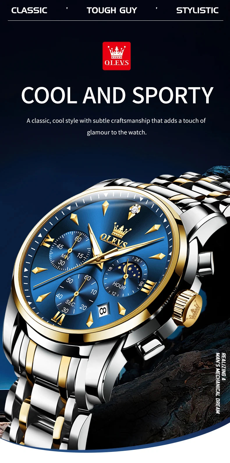 OLEVS Moon Phase Watch - Gold Blue Stainless Steel Chronograph