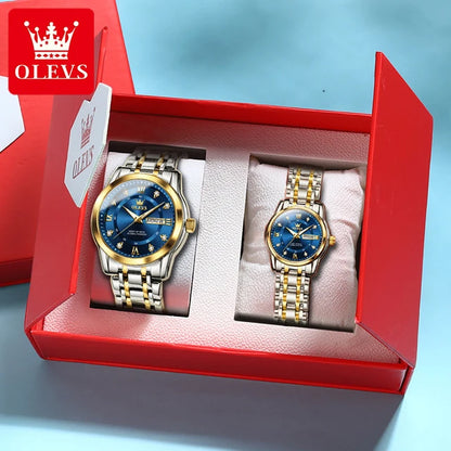 OLEVS 5513 Couple Watch - Stainless Steel, Waterproof, Luxury Gold Diamond, Lover's Pair