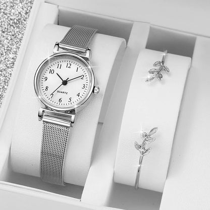 Women's 2pcs Quartz Watch & Opening Cuff Bracelet Set - Steel Mesh Band, Arabic Numeral, 25mm