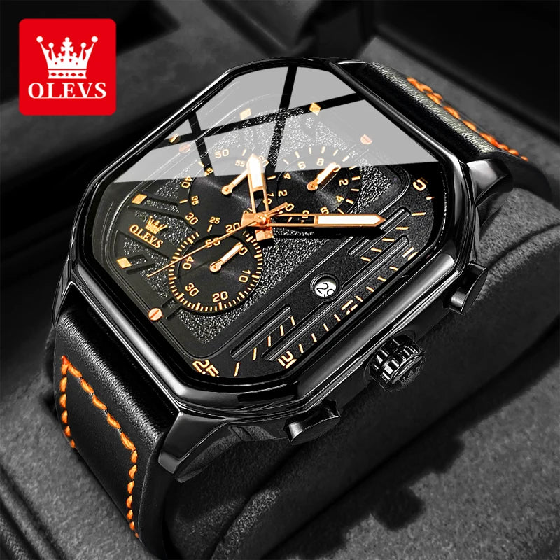 OLEVS 9950 Men's Watch - Square Sport, Waterproof, Leather Strap, Stopwatch, Backlight