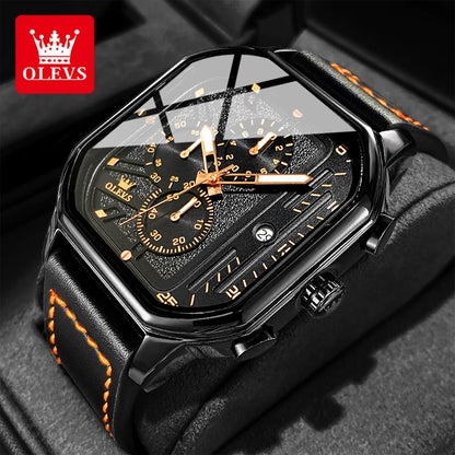 OLEVS 9950 Men's Watch - Square Sport, Waterproof, Leather Strap, Stopwatch, Backlight