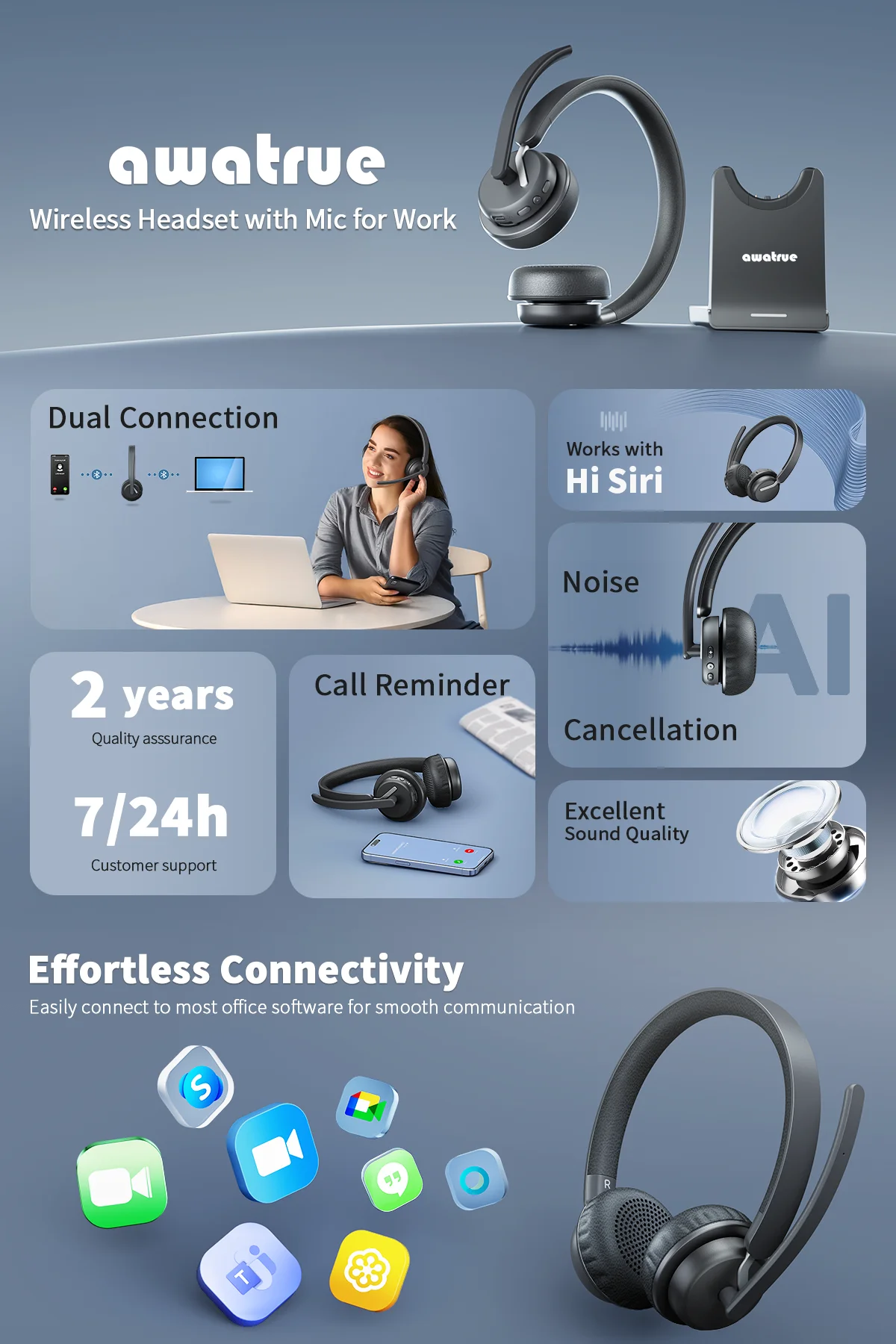 Wireless Bluetooth Headset - AI Noise Cancelling, 30H Battery, Dual Connection