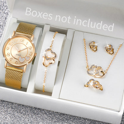 Women's Heart Dial Quartz Watch & Rhinestone Heart Jewelry Set - Plastic Band, 38mm, No Box