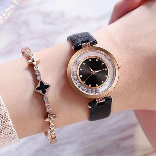 Women's Leather Watch - Diamond Quartz Wristwatch