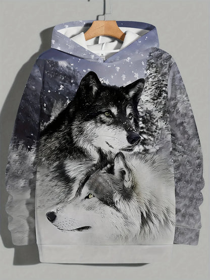 Wolf 3D Print Hoodie - Polyester O-Neck Front Pocket Streetwear