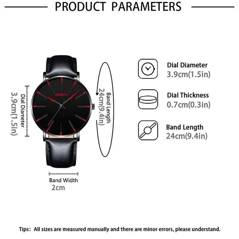 DIJANES Men's Quartz Watch & PU Leather Bracelet Set - Numberless Dial, Buckle, Fashion Casual