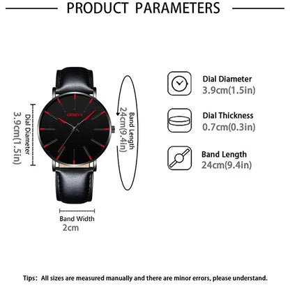 DIJANES Men's Quartz Watch & PU Leather Bracelet Set - Numberless Dial, Buckle, Fashion Casual