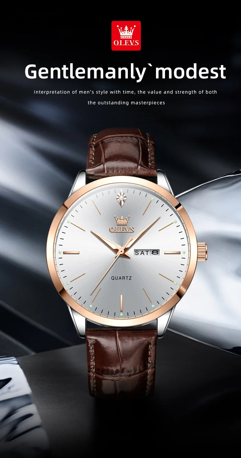 OLEVS 2935 Luxury Men's Watch - Roman Numeral, Auto Date, Shock Resistant, 3ATM, Leather Strap