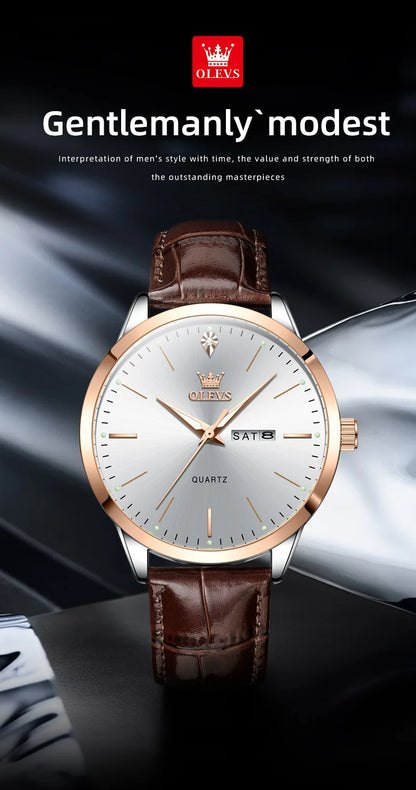 OLEVS 2935 Luxury Men's Watch - Roman Numeral, Auto Date, Shock Resistant, 3ATM, Leather Strap