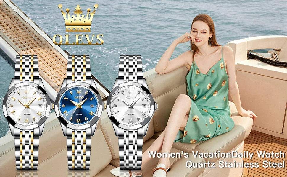 OLEVS 9931 Women's Watch - Stainless Steel, Dual Calendar, Luxury, Waterproof, Jewelry Set