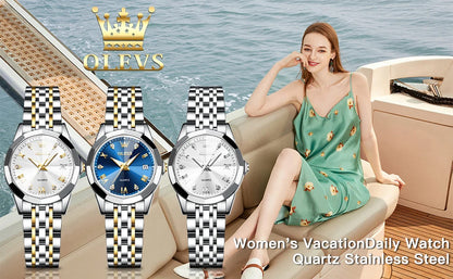 OLEVS 9931 Women's Watch - Stainless Steel, Dual Calendar, Luxury, Waterproof, Jewelry Set