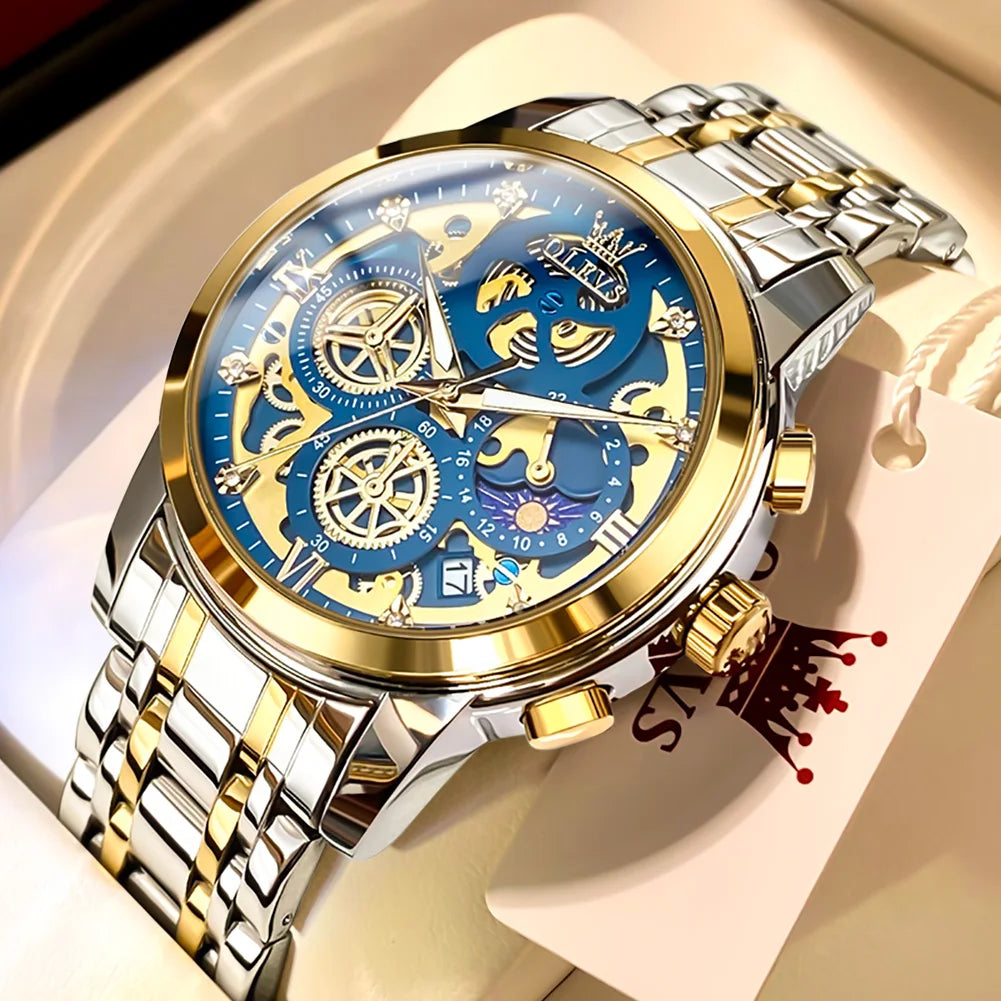 OLEVS 9947 Men's Watch - Luxury, Waterproof, Gold Skeleton, 24 Hour Day Night, Quartz