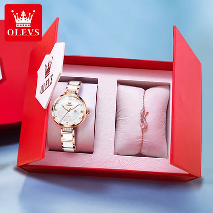 OLEVS 5589 Luxury Diamond Women's Watch - Ceramic Band, Roman Numeral, 3ATM, Bracelet Set