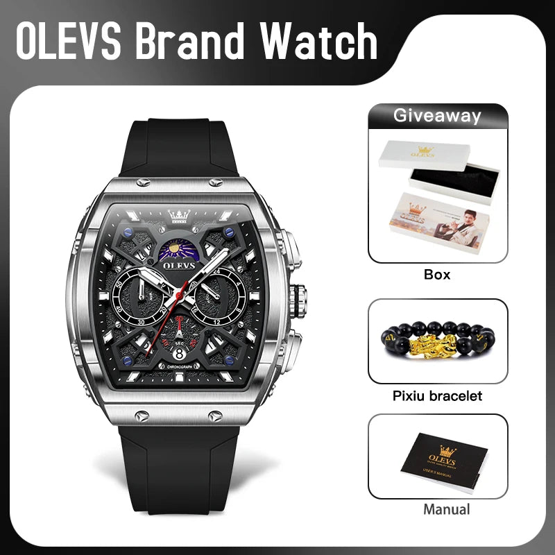 OLEVS 2492 Men's Watch - Tonneau Hollow Out, Moon Phase, Waterproof, Luminous, Silicone