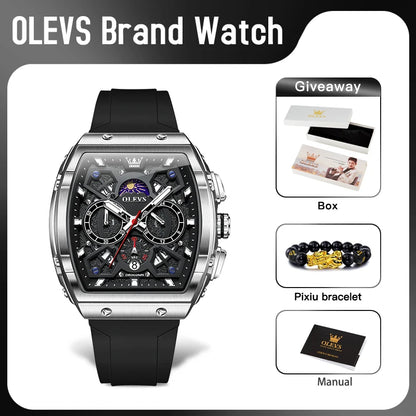 OLEVS 2492 Men's Watch - Tonneau Hollow Out, Moon Phase, Waterproof, Luminous, Silicone
