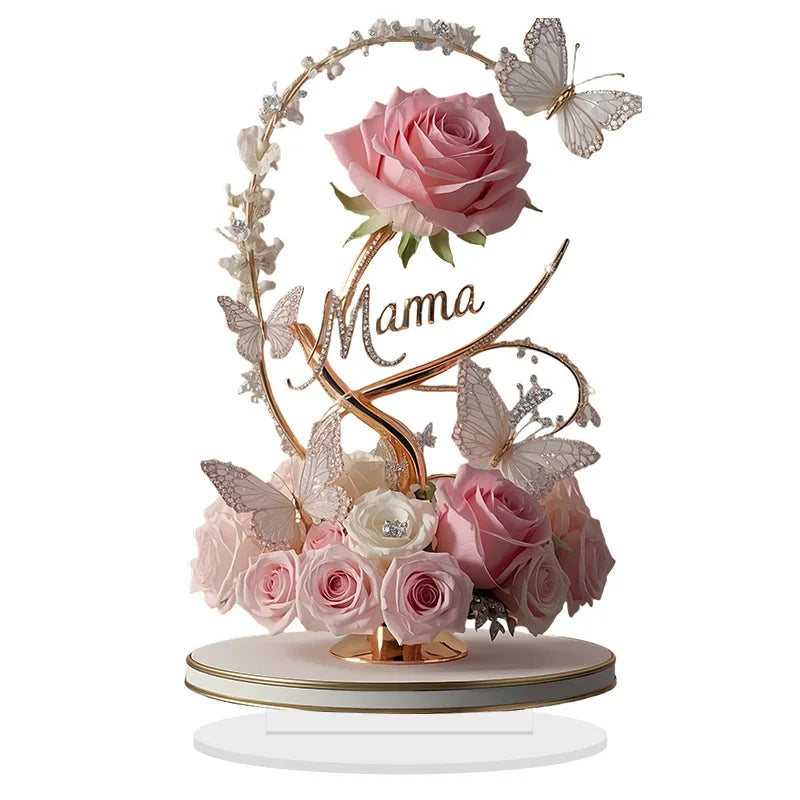 8" Acrylic Rose 'MOM' Standing Decoration – Love Theme, Pastoral Style