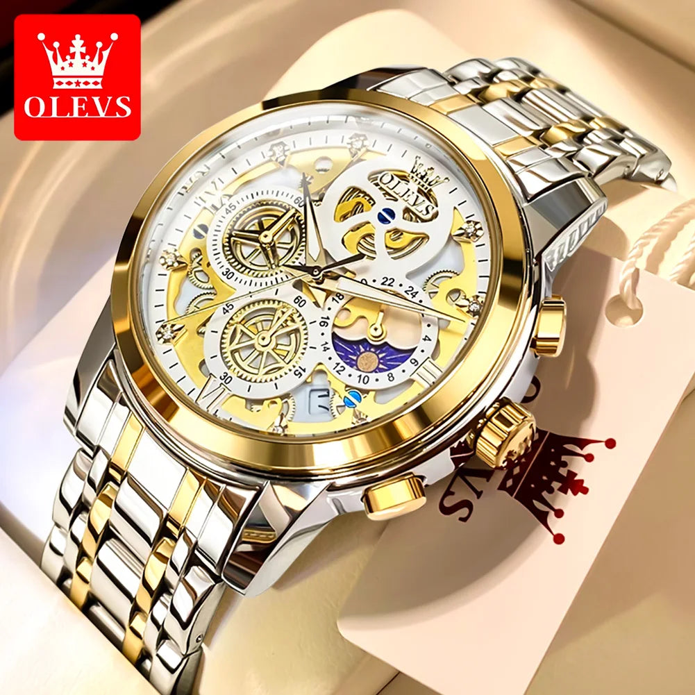 OLEVS 9947 Men's Watch - Luxury, Waterproof, Gold Skeleton, 24 Hour Day Night, Quartz