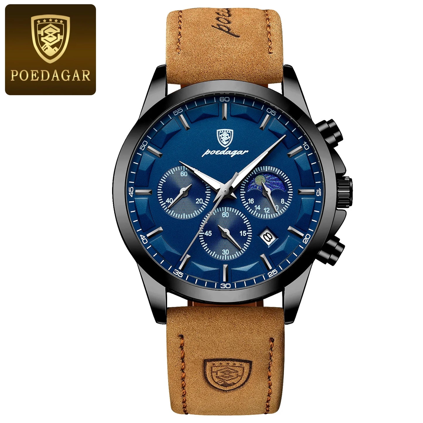 POEDAGAR 928 Men's Luxury Sport Watch - Leather Band, Luminous, Diver, 3ATM, Auto Date