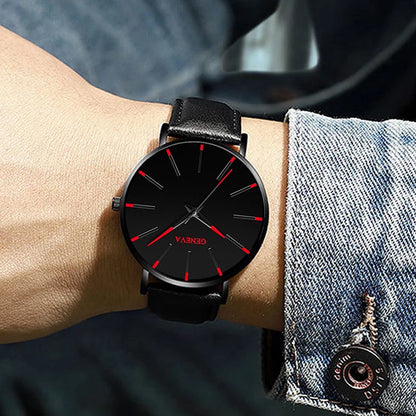 DIJANES Men's Quartz Watch & PU Leather Bracelet Set - Numberless Dial, Buckle, Fashion Casual