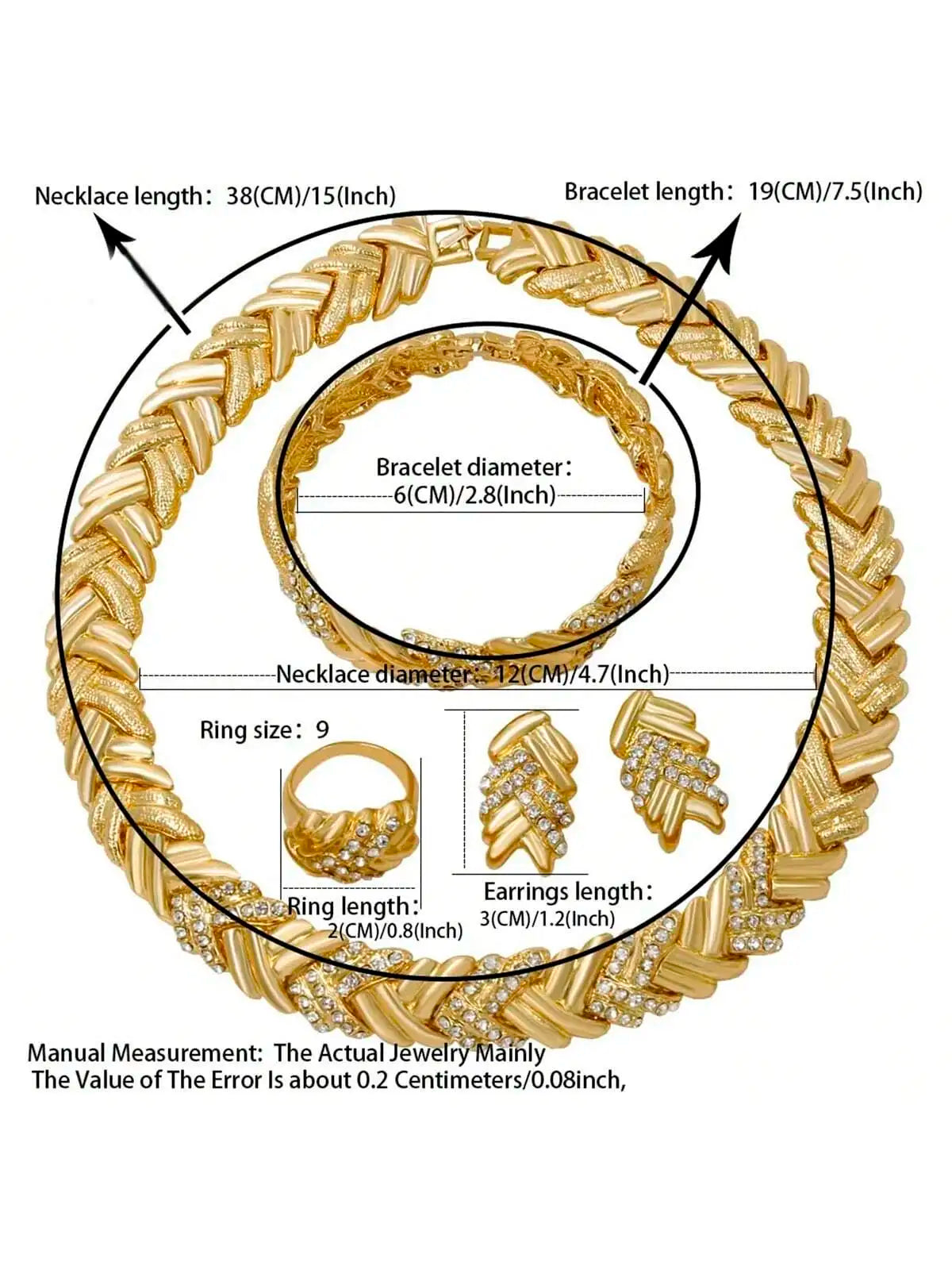 Bridal Jewelry Set - 18K Gold Plated Necklace, Earrings, Bracelet & Ring