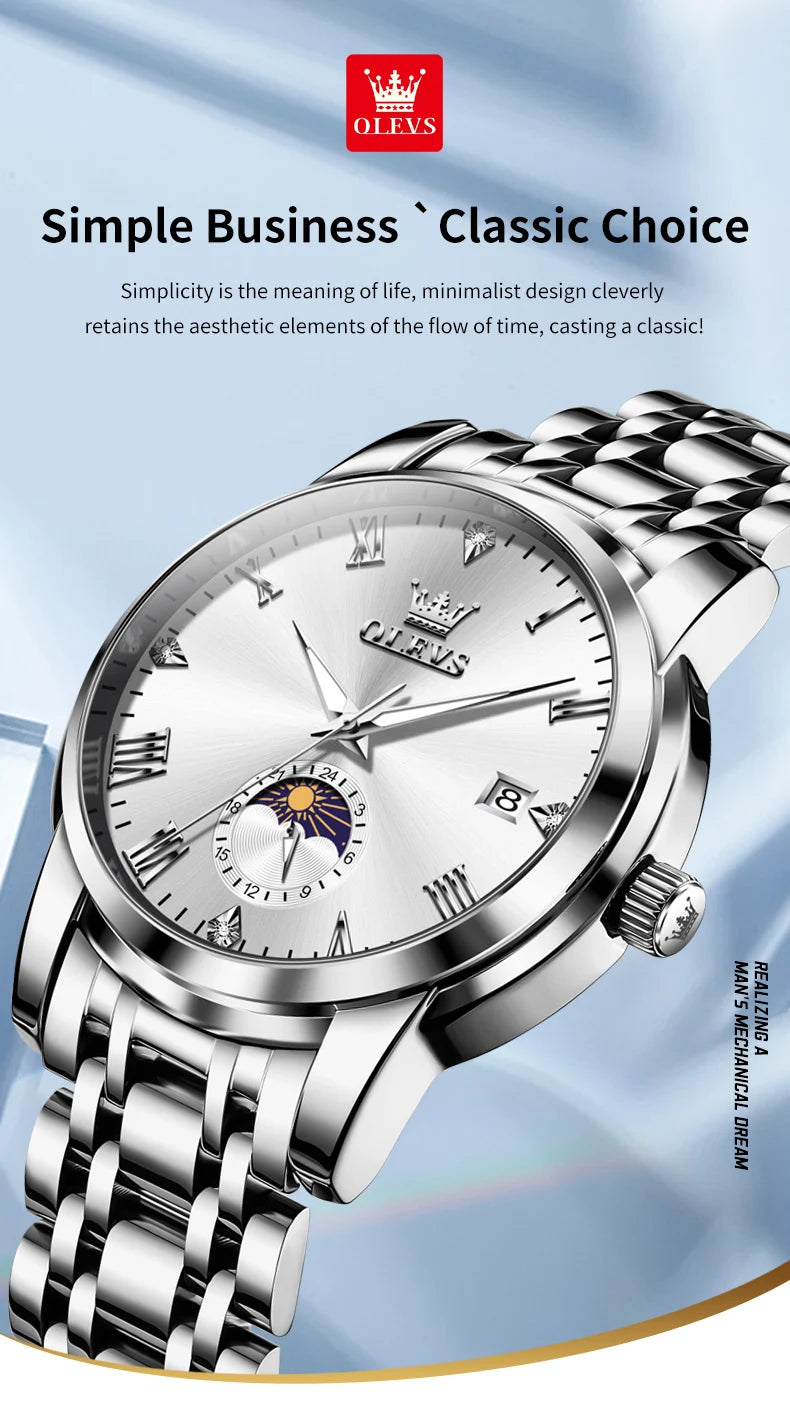 OLEVS Top Brand Men's Watches Fashion Original Quartz Watch for Man Waterproof Stainless Steel Luminous Wristwatch Moon Phase