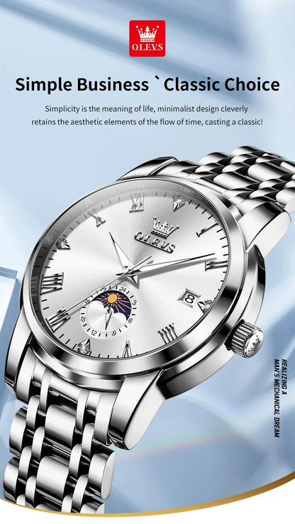 OLEVS Top Brand Men's Watches Fashion Original Quartz Watch for Man Waterproof Stainless Steel Luminous Wristwatch Moon Phase