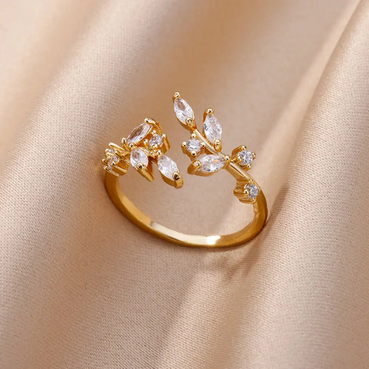 Zircon Leaf Open Ring - Gold Plated Stainless Steel