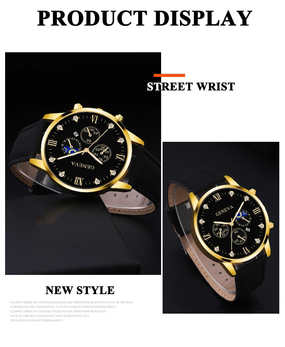 DEYROS 2pcs Men's Luxury Quartz Watch & Bracelet Set - Leather Band, Numberless Dial, No Box
