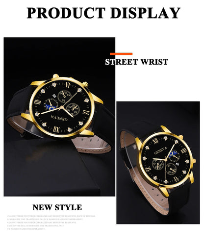 DEYROS 2pcs Men's Luxury Quartz Watch & Bracelet Set - Leather Band, Numberless Dial, No Box