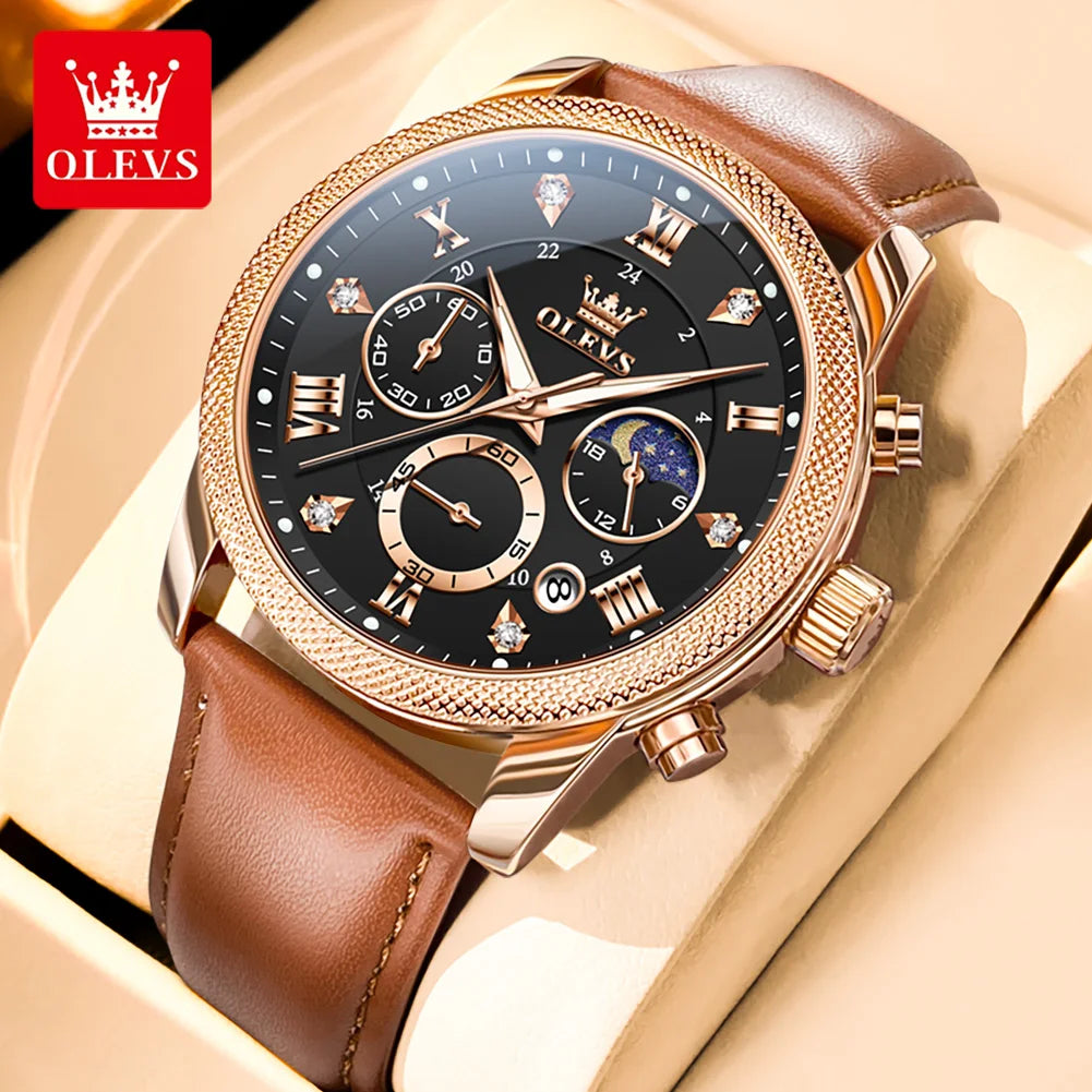 OLEVS 3660 Men's Watch - Moon Phase, Chronograph, Leather Strap, Waterproof, Anti-Magnetic