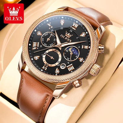 OLEVS 3660 Men's Watch - Moon Phase, Chronograph, Leather Strap, Waterproof, Anti-Magnetic