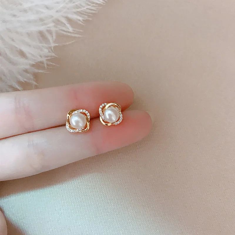 14K Gold Stud Earrings - Zircon and Pearl Twist Design