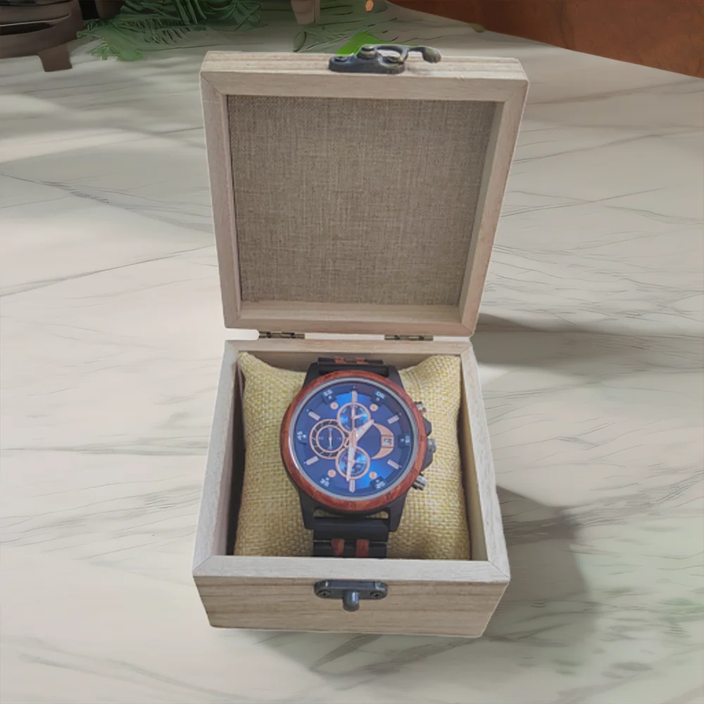 Rainch Men’s Wooden Quartz Watch with Dual Time Zones and Calendar
