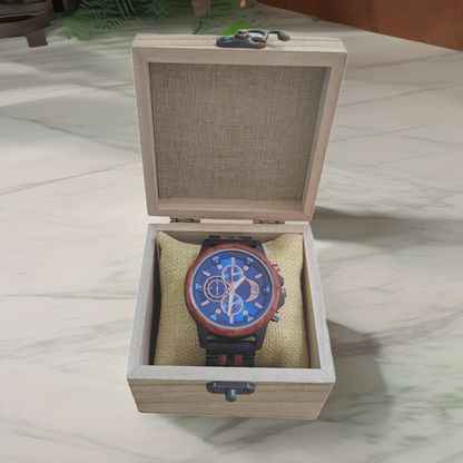 Rainch Men’s Wooden Quartz Watch with Dual Time Zones and Calendar