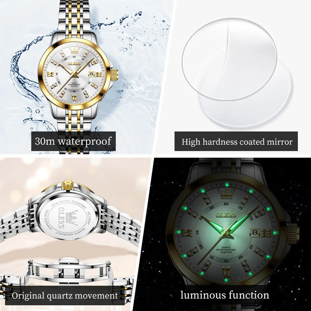 OLEVS 3620 Women's Watch - Luxury Diamond, Automatic Calendar, Waterproof, Bracelet Set
